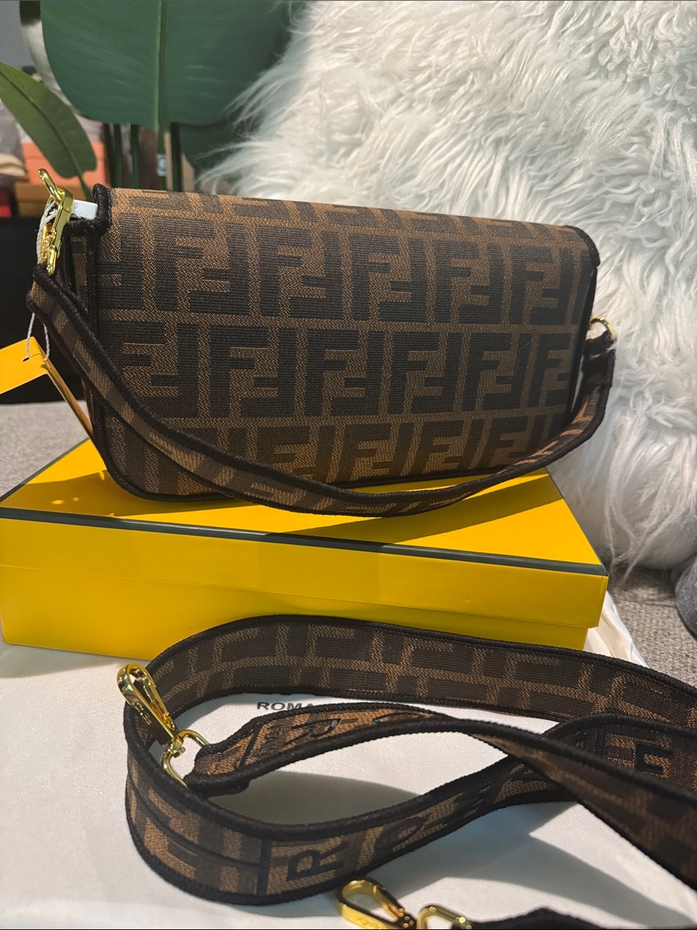Fendi Brown FF Monogram Baguette Shoulder Bag with Gold Buckle - Picture 6 of 6